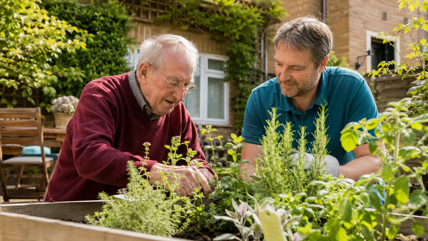 An older person enjoying gardening with supportive dementia care