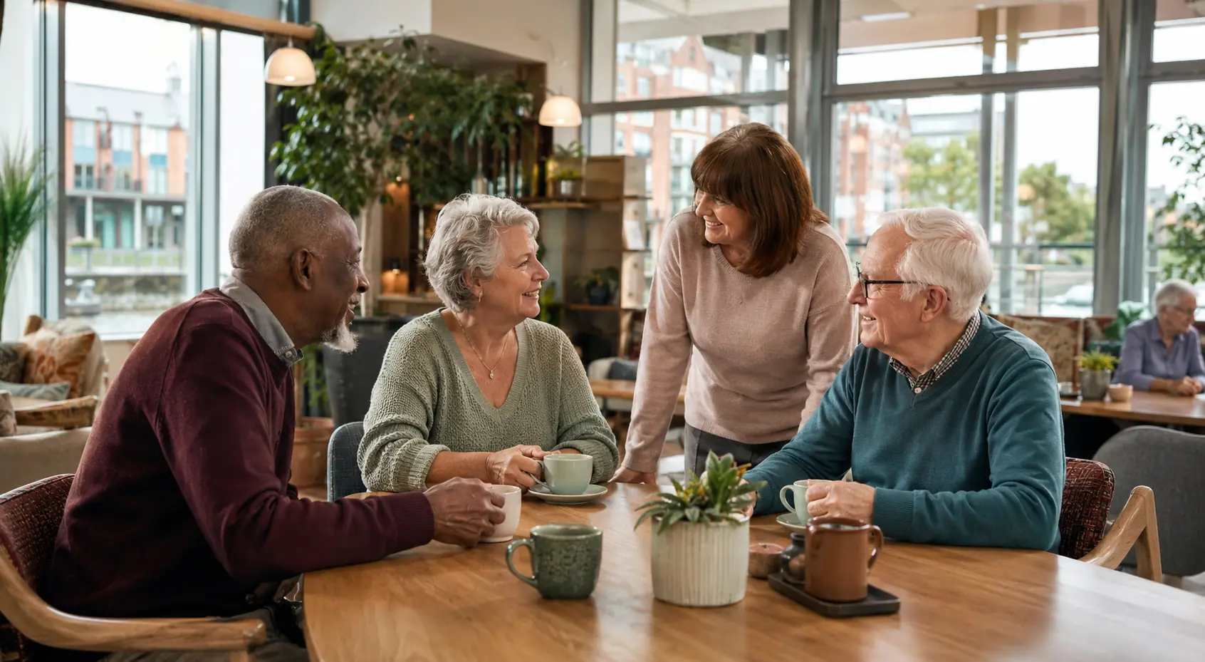 Older residents enjoying conversation in a bright communal bistro
