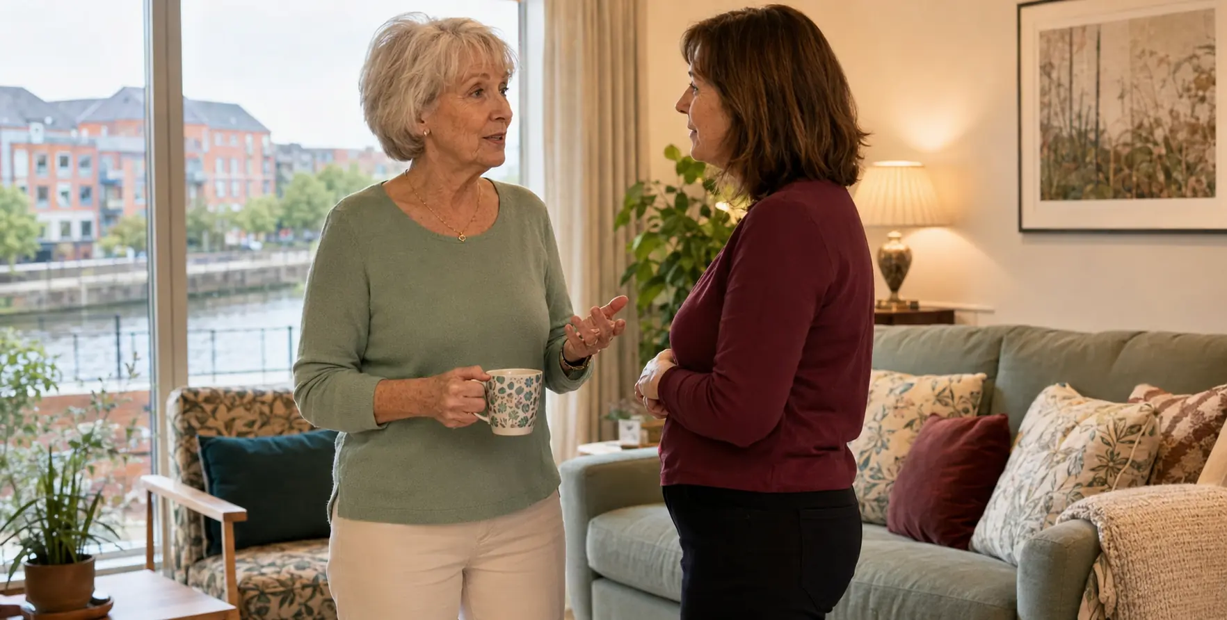 An older woman speaking with a care professional in her own modern apartment
