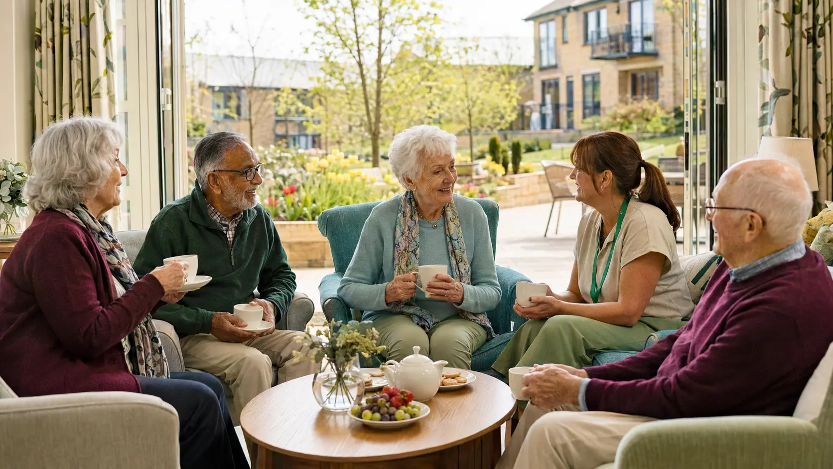 Older residents enjoying tea and conversation in a bright communal lounge