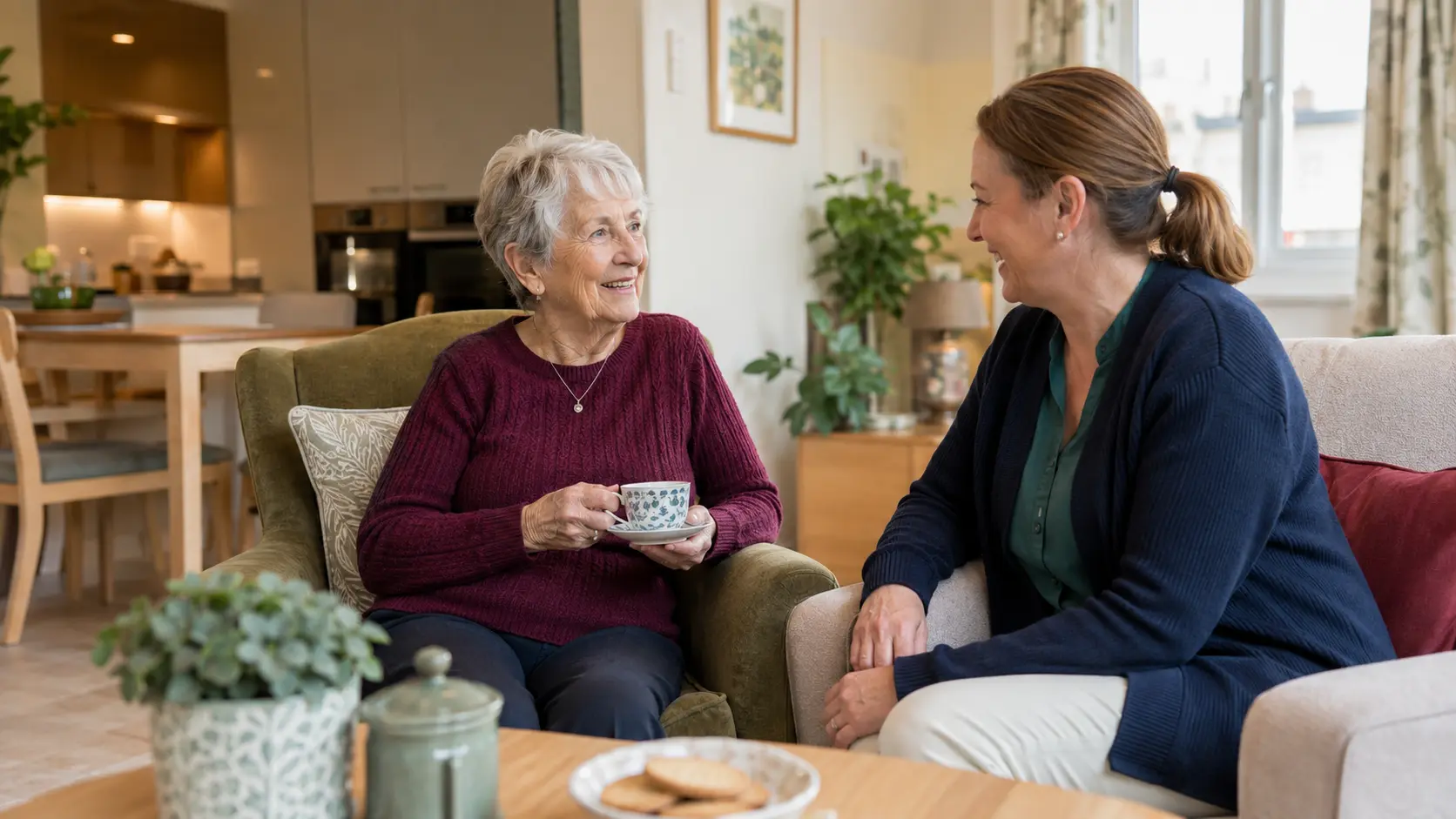 An older woman enjoying a relaxed conversation with a care professional in her apartment