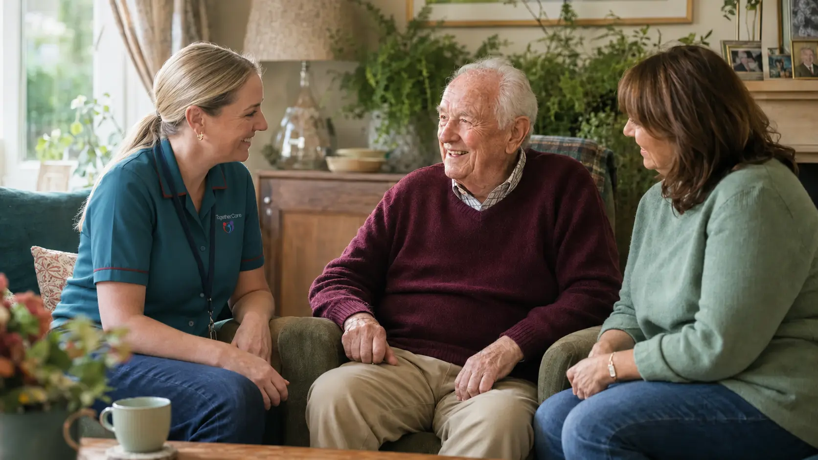 An older man at home talking with a care professional and his daughter