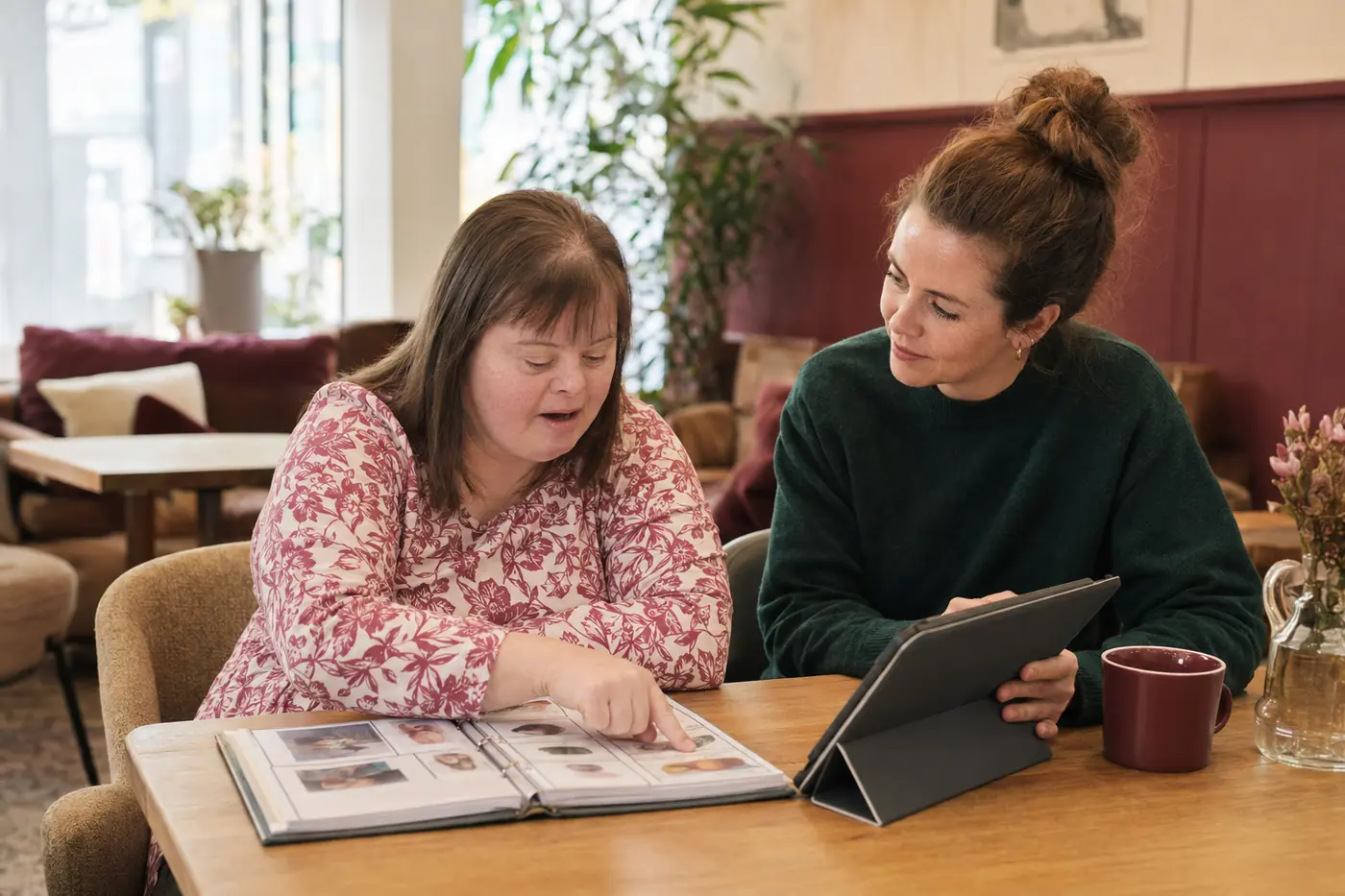 An adult choosing activities using pictures and a tablet with support