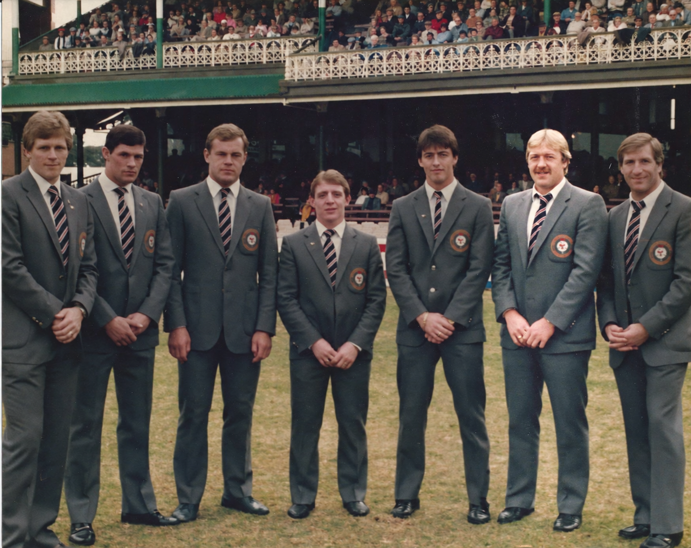 The seven Widnes players selected for the 1984 Great Britain Lions tour, with Mick Burke second from the right