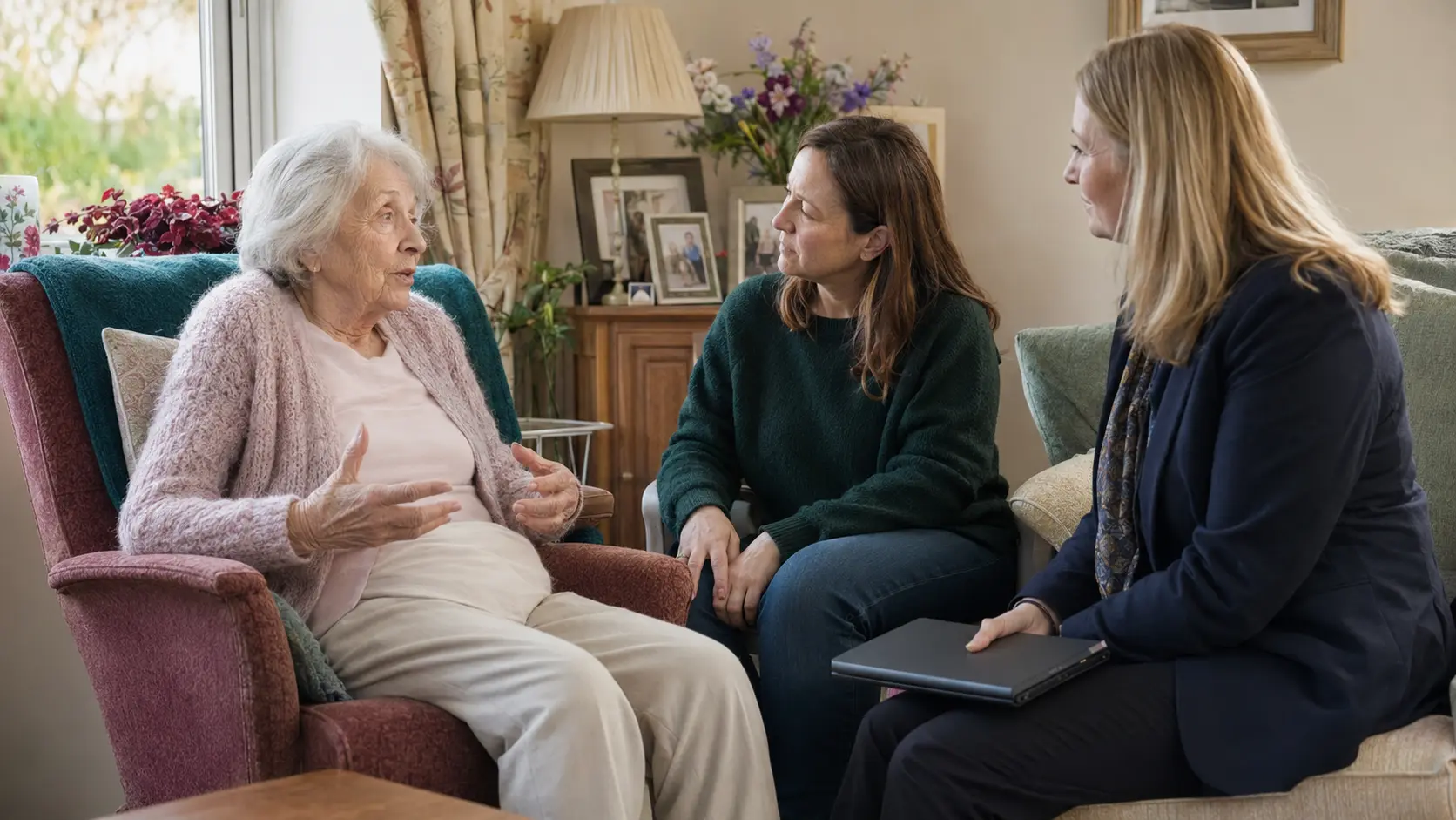 A private client leading a care assessment in her own home