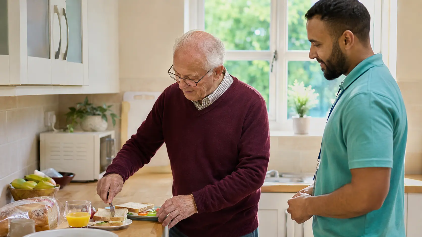 Reablement-focused home care supporting an older person to prepare a meal