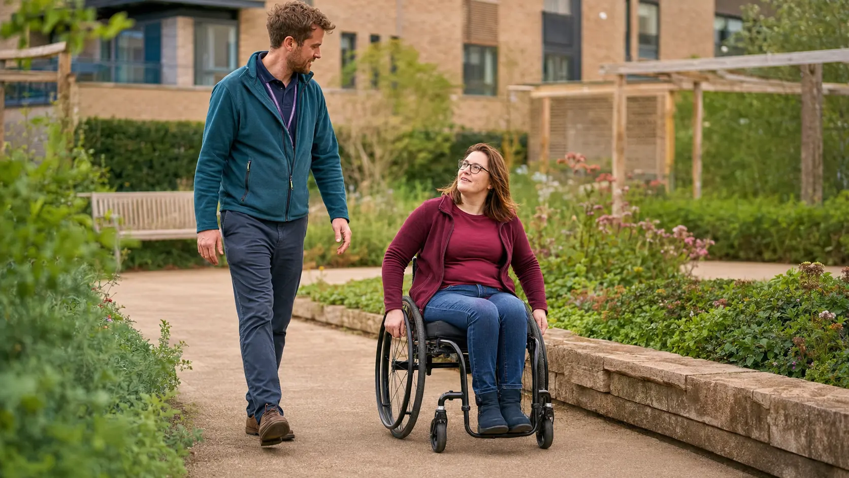 A wheelchair user leading a conversation while accessing the community